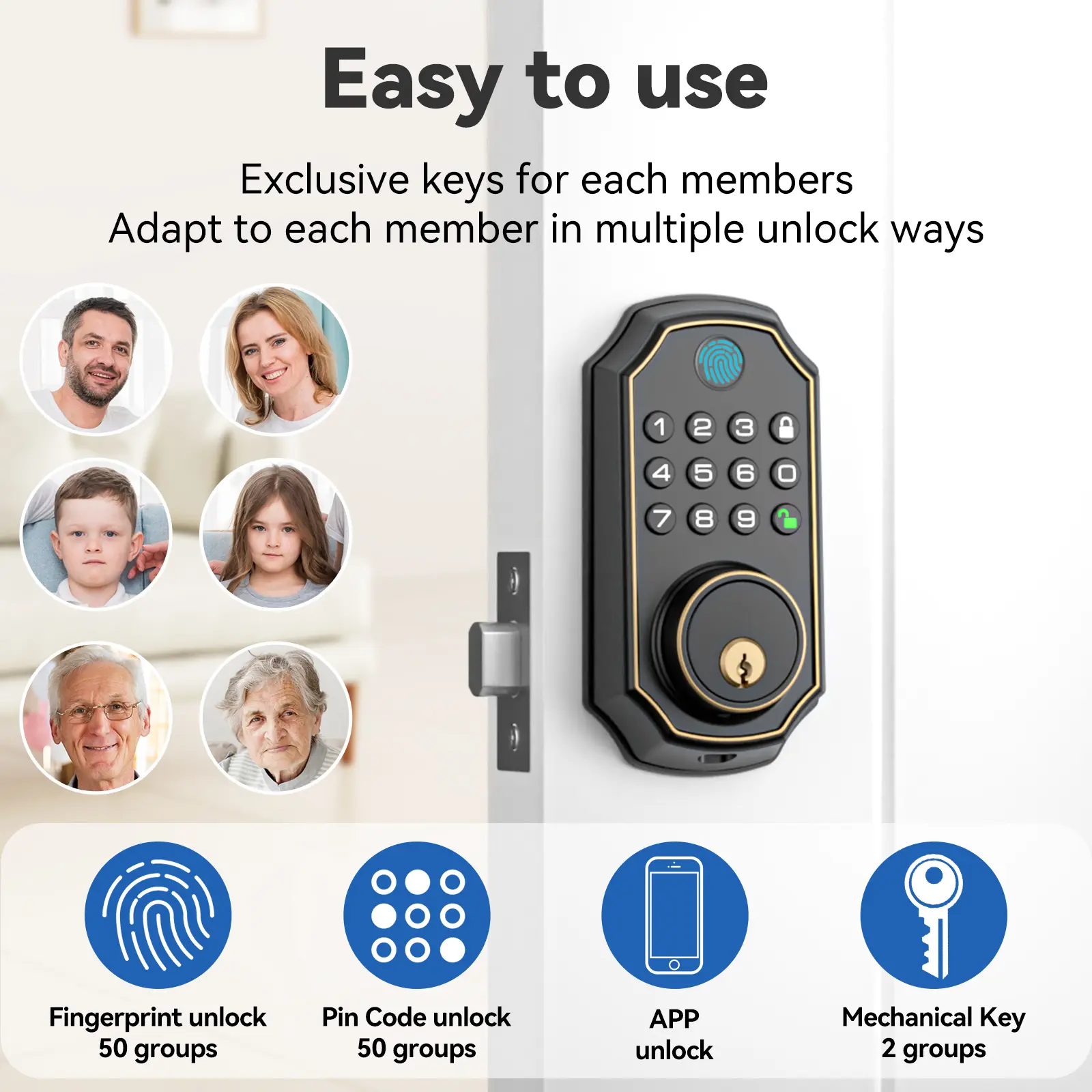 Fingerprint Smart Lock with Handle for Front Door, Keyless Entry Deadbolt Lock with Knob, 50*Fingerprints-50*PIN codes- 10*One time codes-2 Keys, Human Voice Guide, Backlit Keypad, Auto Lock Enable or Disable, Long Battery Life, Easy to Install