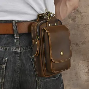 7" Men's Vintage Crazy Horse Leather Waist Pack, Multi-Functional Genuine Top Layer Cowhide Belt Pouch with Mobile Phone Holder for Daily Commute