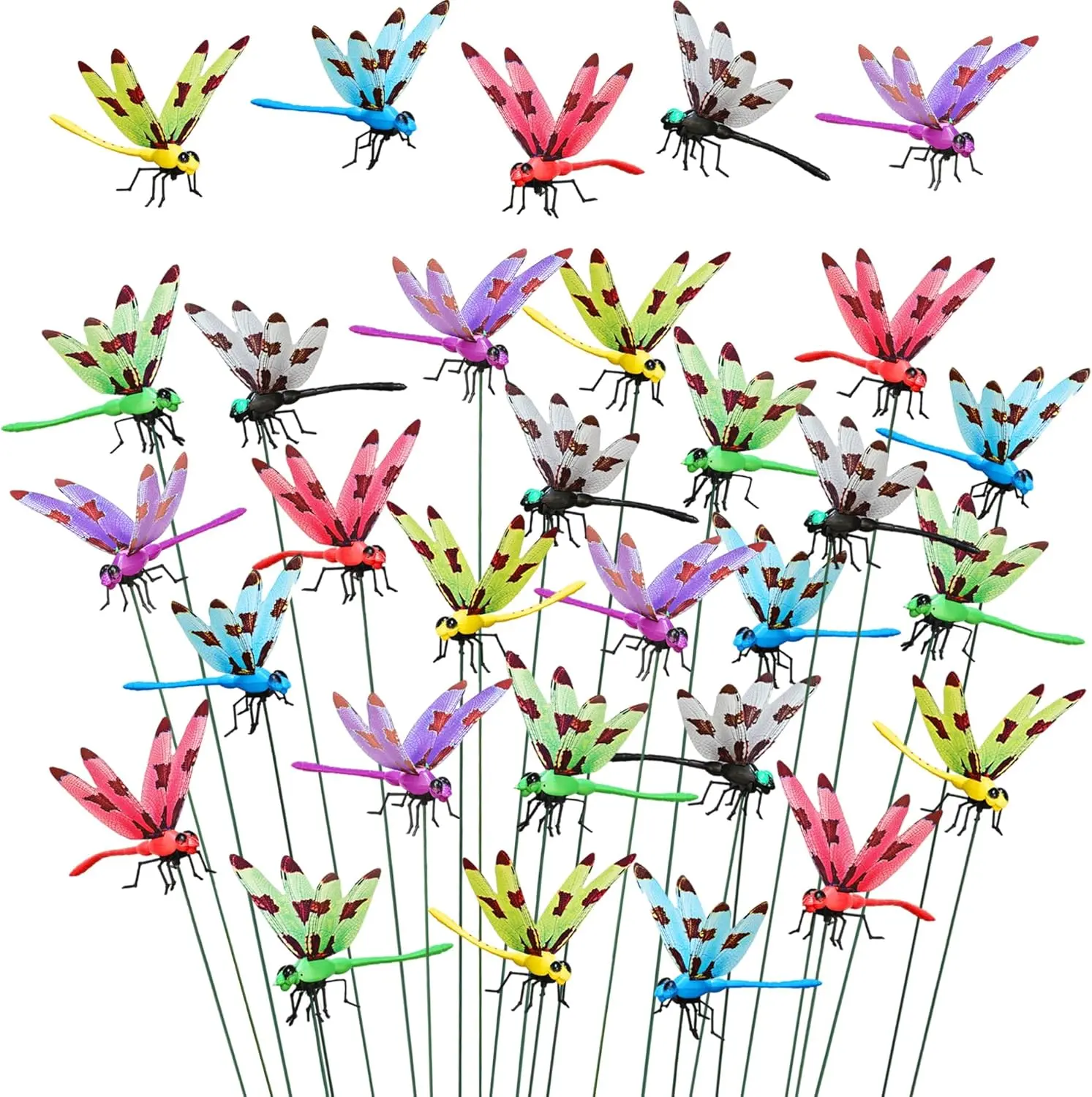 24 Pcs Dragonfly Garden Stakes Large 5.5in 3D Waterproof PVC Dragonfly Yard Decor with Wing Prints Dragonfly Ornaments - 6 Colors for Patio Flower Bed Lawn Balcony Indoor Outdoor Garden