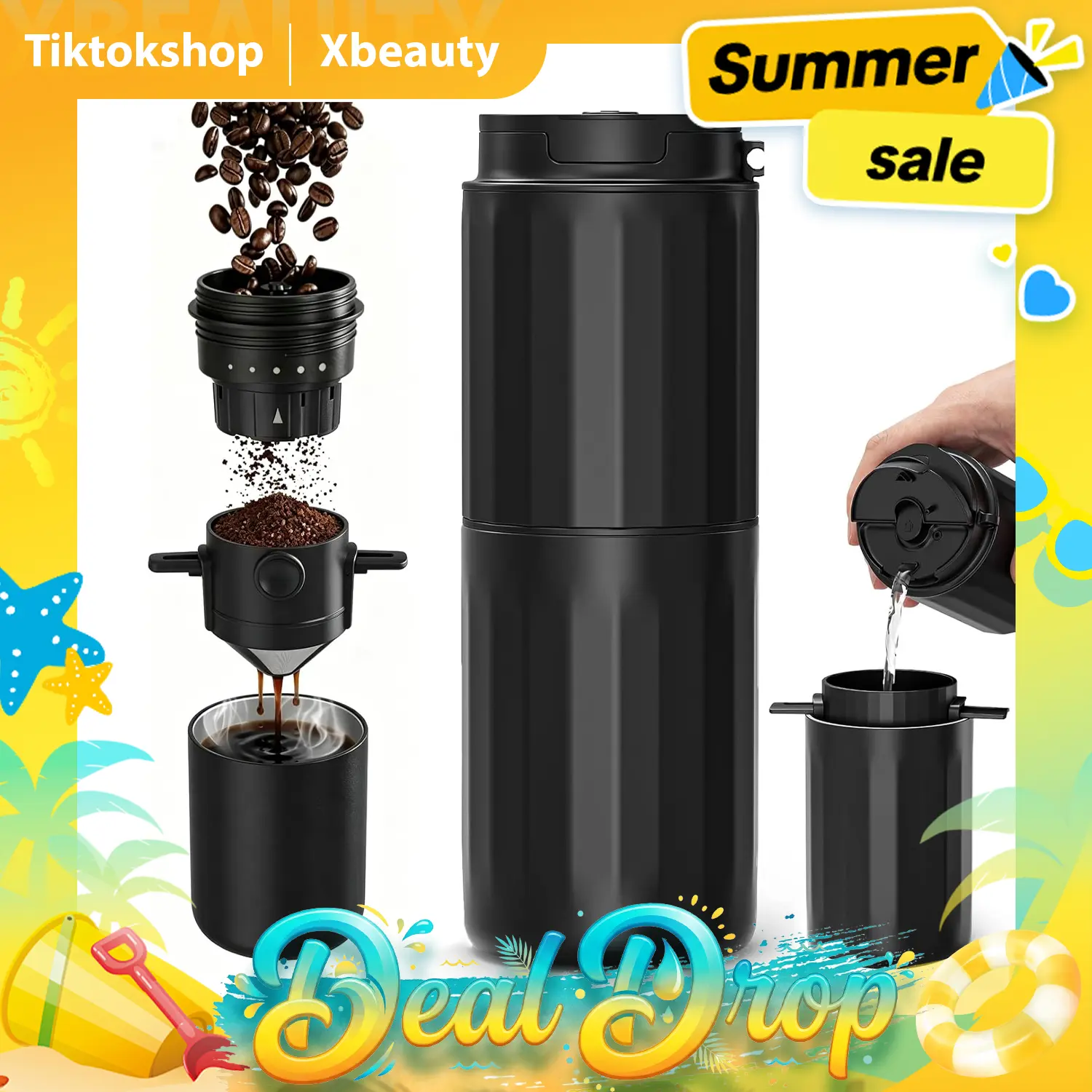 Coffee Grinder Electric - Grind While Charging, Portable with Electric Grinder & Insulated Mug and Pour Over for Travel, Cordless/Rechargeable Coffee Bean Grinders for Travel,Camping, Car-Gloss Black