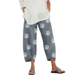 Cotton Linen Casual Summer Capri Pants Printed Cropped Comfy Baggy Trousers with Pockets Palazzo Lounge Pants