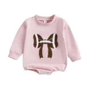 Newborn Baby Boy Girl Football Outfit Football Bow Sweatshirt Romper Oversized Long Sleeve Bubble Romper Bodysuit