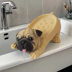 Adorable Beige & Black Pug Soap Dish - Non-xic Bathroom Decor, Cute Puppy Soap Holder for Kitchen, Living Room - Realistic Puppy Statue with Stable Legs - Perfect Pet Lover Idea, Home Accessory, Playful Design, Textured Surface, Functional Decor, Pettheme