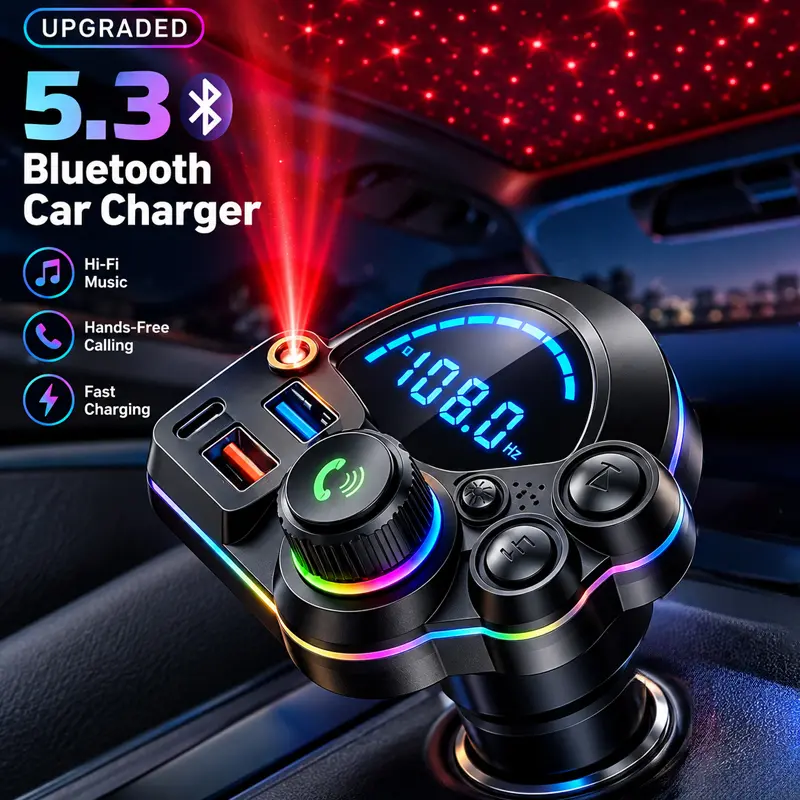 Bluetooth 5.3 Car FM Transmitter & Bluetooth Car Adapter, Red Starlight Ambient Lighting, 20W PD+USB Fast Charging, Deep Bass Support, Hands-Free Calling,toolupgrade