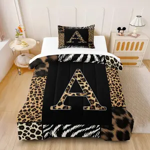 2/3Pcs Classic Leopard Print Letter Comforter Set (with Fillings, Pillows Not Included), Fine Woven Soft Skin-Friendly, Breathable Warm Wear-Resistant and Washable, Bedding for Home Bedroom and Dorm