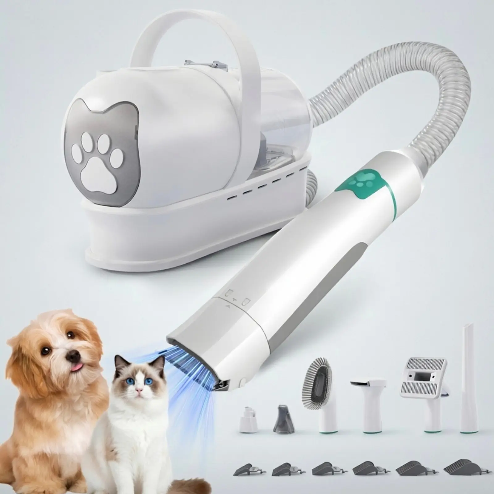 Pet Grooming Vacuum Kit for Cats & Dogs, 7-in-1 Dog Vacuum Brush for Shedding Grooming with Paw Trimmer, Nail Grinder, Low Noise, 3 Adjustable Suction Levels & 6 Guide Combs