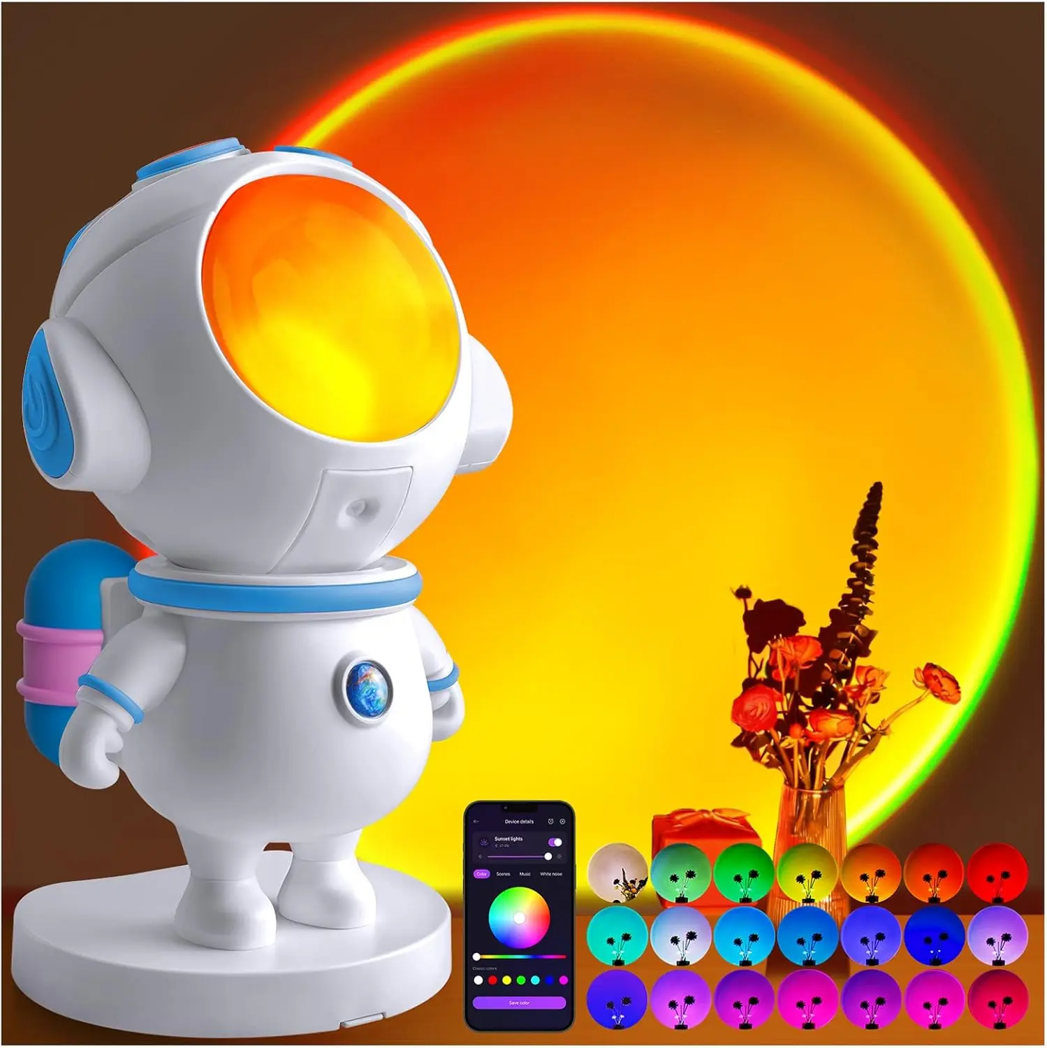 Chunting Astronaut Sunset RGB Projector Night Light - 720° Magnetic Rotating High-Brightness RGB LED, 16M Colors Smart APP Control, Robot-Shaped Indoor Mood Lighting, Modern Room Decor, Unique Space Gift for Kids, Rotates 720°, Light Up Your Space