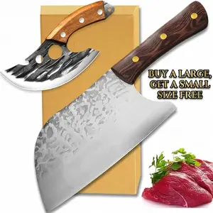 2PCS Butcher Knife Meat Cleaver Set, Serbian Meat Cleaver Knife&Viking Knife with Leather Sheath, Ultra Sharp High Carbon Steel Blade, Meat Cutting Home&Outdoor Cooking BBQ Knives Gift for Men & Women