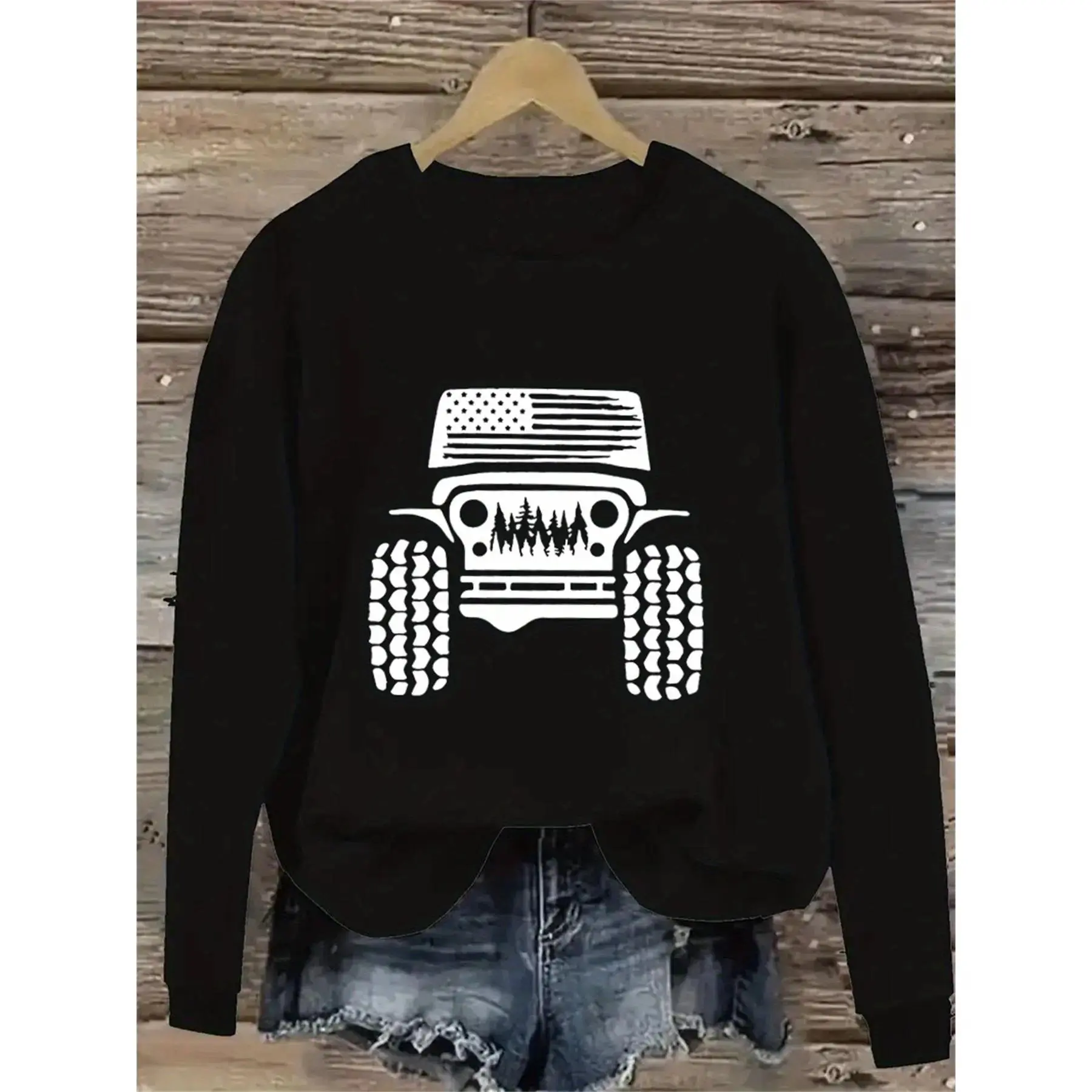 American Flag Off Road Vehicle Graphic Sweatshirt Patriotic 4th of July Crewneck Outdoor Adventure Pullover Fall Winter Cozy Casual Unisex Streetwear Long Sleeve Top Gift for Truck Lovers Men Women