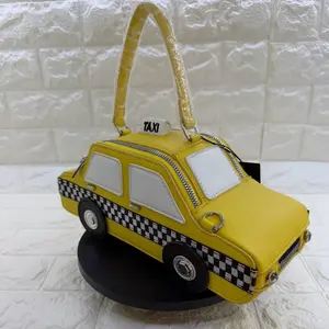 Yellow Cab Taxi Handbag with Checkerboard Stripe and Wheel Design for Stylish Accessory