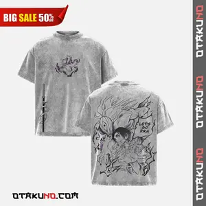 Let's go Rika Yuta Okkotsu Jujutsu Kaisen Washed T-Shirt Anime Double Printed Oversize Lightweight Acid Washed Graphic Tee Gift For Anime Fan