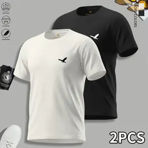 Men’s Lightweight Short-Sleeve T-Shirt Set (2 Pieces) | Mixed print with a long striped pattern, crew neck design, suitable for everyday summer wear,summervibes