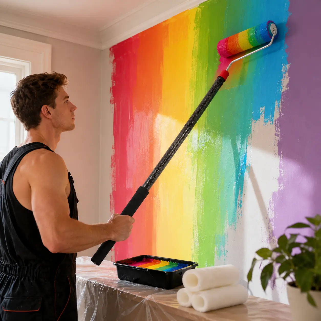 Paint Roller Kit with 4FT Extension Pole, Complete Painting Supplies Set with High-Density Roller Covers and Paint Brushes, Adjustable Stainless Steel Handle for Walls, Ceilings, Furniture, Indoor Outdoor Home Painting