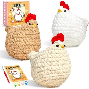 Crochet Kit for Beginners, Crochet Starter Kits for Adults Amigurumi Craft Knitting Crochet Animals Kits with Step-by-Step Video Tutorials, 3 Pcs Chicken (40%+ Yarn)