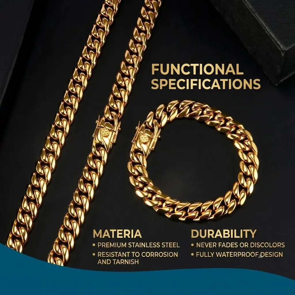 10mm Men's 18K Gold Miami Cuban Link Chain with Design Buckle, Stainless Steel Necklace or Bracelets 7.5''-30", No Fade Hip Hop Rapper Style Jewelry