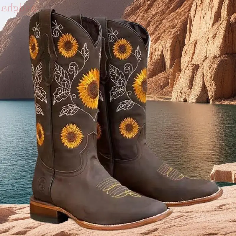 Women's Embroidered Cowboy Footwear - Sunflower Design, Square Toe, Low Heel, Mid-Calf Boots, Black/Dark Brown, US 6-10.5, Comfortable Outdoor Wear for Riding & Sports, Riding Shoes, Decor, Shoe