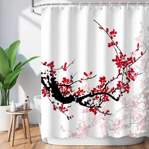 Red Floral Shower Curtains,Cherry Blossom Flower Plum Asian Japanese Aesthetic Watercolor Traditional Ink Scenery,Art Shower Curtain Waterproof Fabric LIVILAN