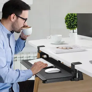 ETHU Large Ergonomic Keyboard Tray Under Desk, 26.77" X 11.81" with C Clamp Mount – Easy to Install, Carbon Keyboard Stand for Home & Office