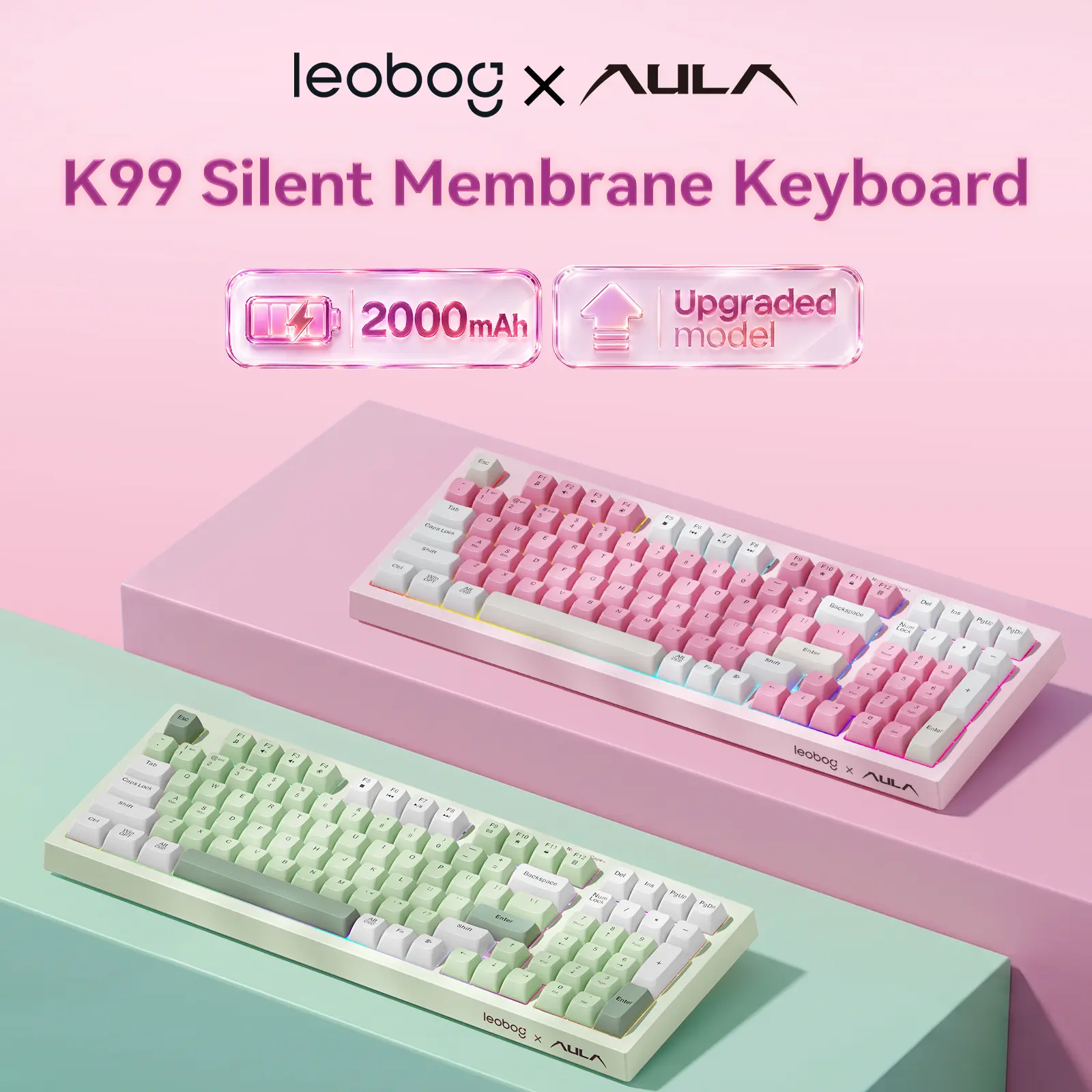 Pink Keyboard Wireless Creamy Computer Gaming Keyboards | Silent Membrane Keyboard, 98 Keys 2000mAh Quiet Creamy Keyboard with Number Pad, Rechargeable, for PC Mac Office Dorm Rooms