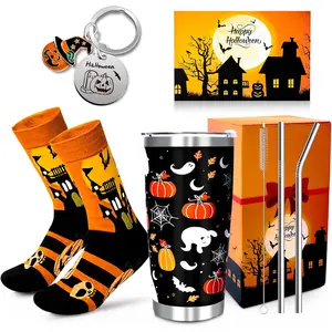 Halloween Gifts Set, 5PCS Halloween Tumbler Set Includes 20Oz Tumbler with Lids and Straw Socks Keychain Thanks Card, Cute Pumpkin Gift for Women PUPPY GO