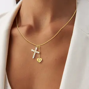 Initial Necklaces for Women 14k Gold - Diamond Cross Necklaces with Letter D Pendant, Alphabet Necklaces for Mom Girlfriend Wife Daughter Grandma, Personalized Jewelry Gifts for Birthday Anniversary Christmas