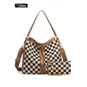 Checkered Plaid Pattern Women Large Crossbody Bags Ladies Satchel Shoulder Handbags Purse and Wallet Set for Women Totes Hobo Purses with Adjustable Strap For Work, Travel Fashionable Patterned Bag