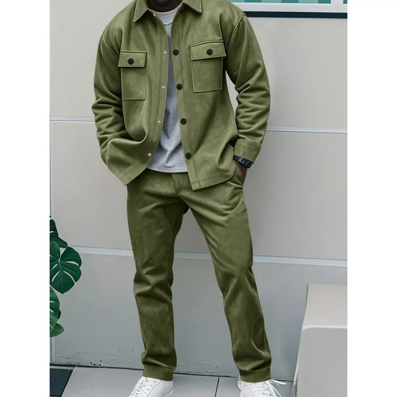 2pcsMen'SCasualSolidColorSweatsuitSet,PolyesterKnitFabricwithSlightStretch,RegularFit,withLapelCollar,ButtonDetails,forSpring/Fall-FashionableAmericanStyleWorkwearJacketandPantsCombo