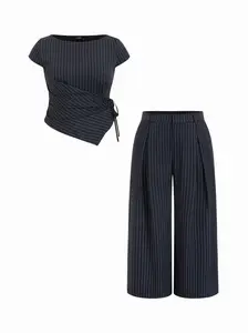 Cider Striped Boat Neck Wrap Top & Mid Rise Wide Leg Trousers Set Curve & Plus