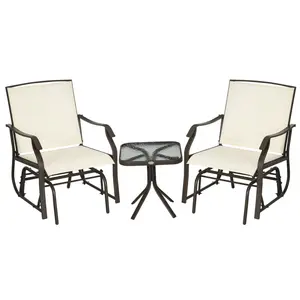 Outsunny 3 Piece Outdoor Glider Chair with Coffee Table Bistro Set, 2 Patio Rocking Swing Chairs with Breathable Sling Fabric, Glass Tabletop, for Backyard, Garden and Porch, Cream White On-Site