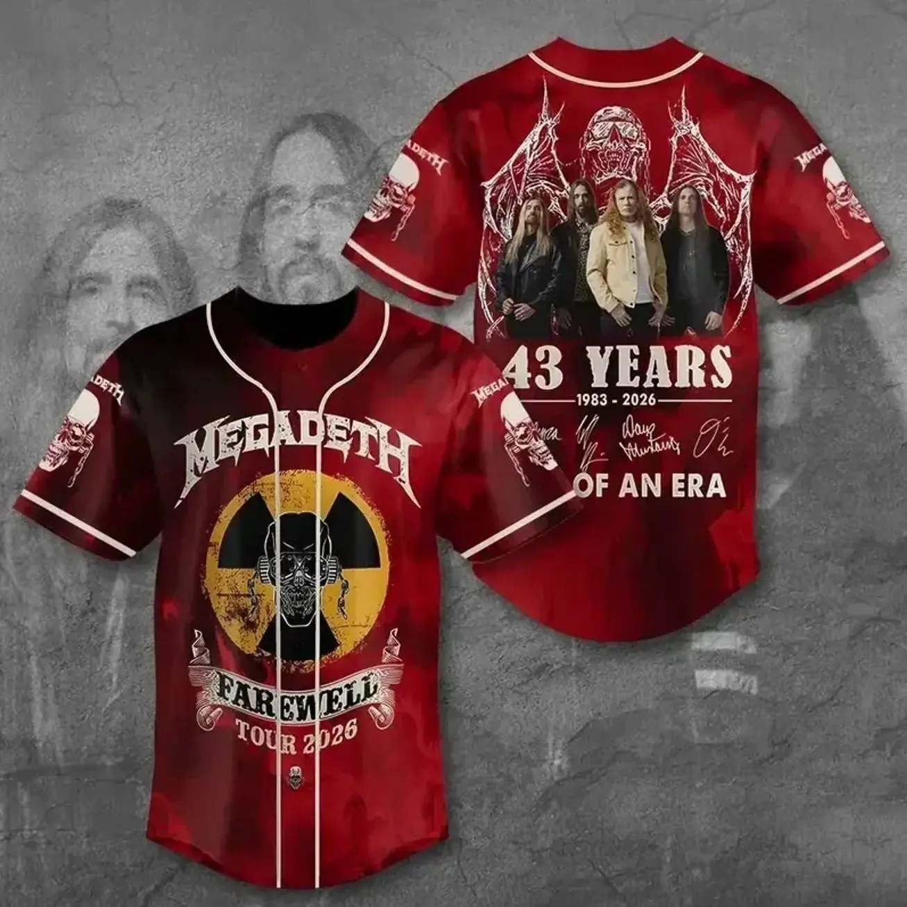 Megadeth Farewell Tour 2026 Baseball Jersey, 43 Years Anniversary Graphic Shirt, Heavy Metal Band Sportswear, Unisex Concert Fan Apparel