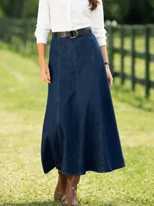 Spring Summer Women's Dark Blue Elastic Dark Wash Denim Skirt, High Waist Slimming Mid-Length Umbrella Skirt, A-Line Big Swing Skirt, Womenswear, Formal Fashion Skirt