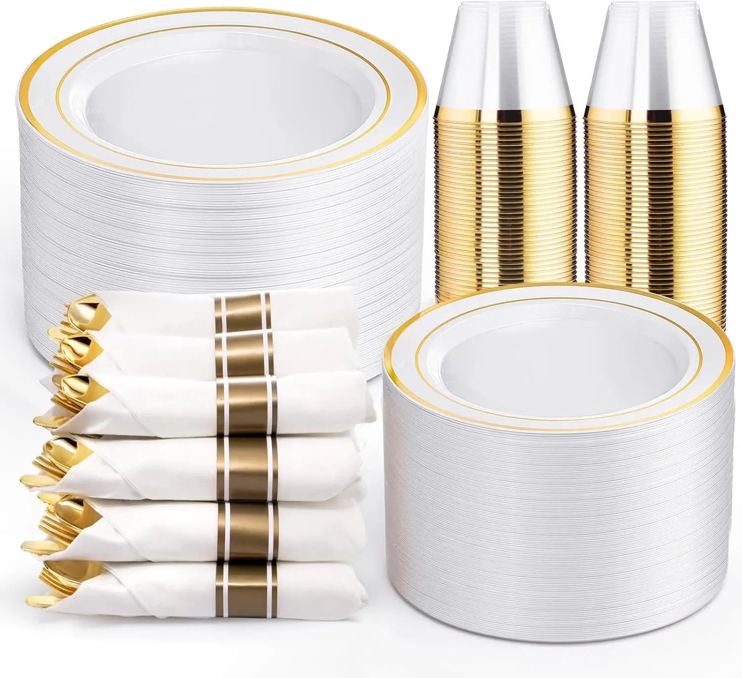 350Pcs White Gold Rim Disposable Plastic Dinnerware Set Serves 50 Guests, Includes Plates, Gold Cutlery, Cups and Napkins for Wedding Birthday Party