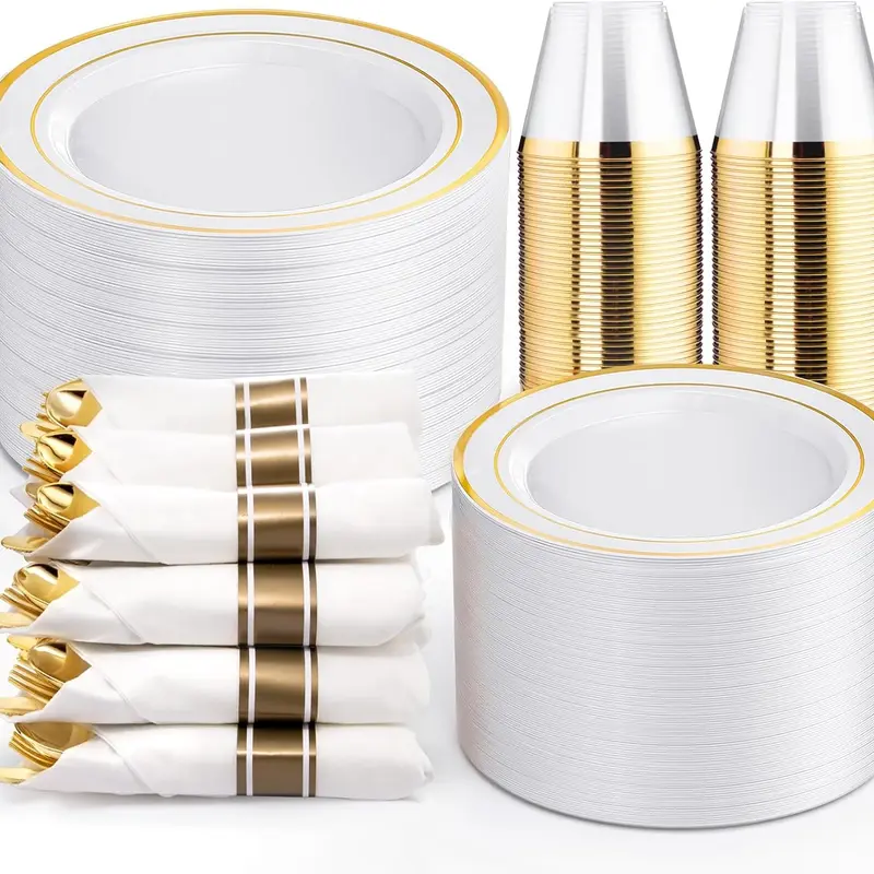 White Gold Rim Disposable Plastic Dinnerware Set, Serves 30/50 Guests, Gold Plates Cutlery Cups Napkins, Thanksgiving Wedding Birthday Party Tablescape Decor