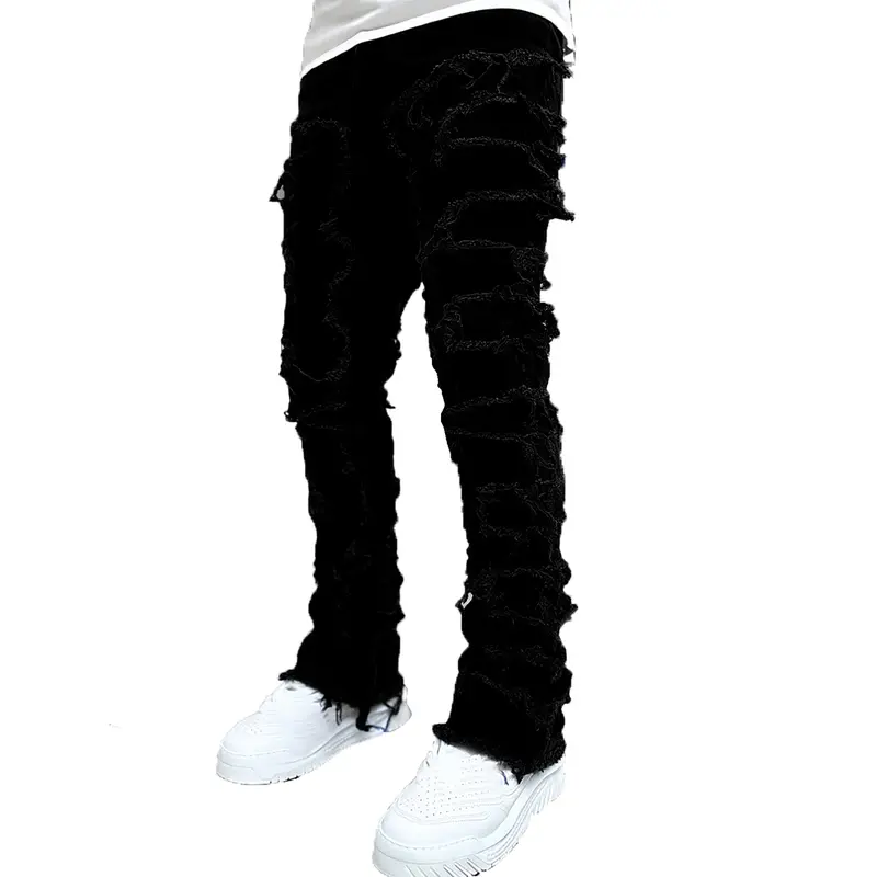 Men's Ripped Jeans - Stretch Cotton Blend Denim Fabric, Chic Patchwork Punk Style, Straight Tube & Slim Fit, Solid Plain Washed Color, Frayed Detailing, Pockets, Zipper, All-Season Casual Day Trousers for Sneakers Pairing
