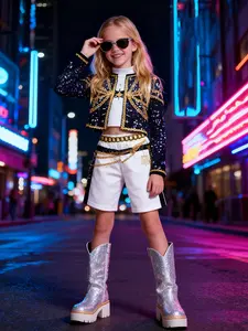 Girls' 3-Piece Sequined Set, Short Jacket + Top + Shorts, Party/photoshoot/performance, Casual Street Style