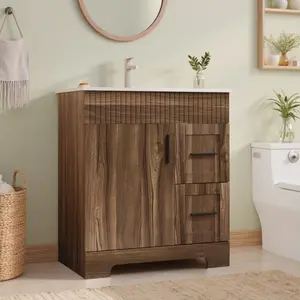 30" Modern Bathroom Vanity with Sink and Faucet, Freestanding Single Vanity with Ceramic Top, Storage Drawers & 1-Door Cabinet, Small Bathroom Sink Vanity for Powder Room & Bathroom, Wood Color