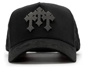 Chrome I Blackout Premium Streetwear Snapback – Black Adjustable Unisex Hat for Men & Women Featuring Triple Black Cross Embellishments, Curved Brim, Breathable Mesh Panels, and Bold All-Black Urban Fashion Style