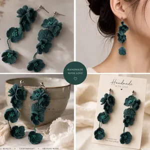 Teal Crochet Flower Earrings, Handmade Floral Dangle Earrings, Lightweight Statement Earrings, Unique Gift for Her, Boho Fiber Jewelry