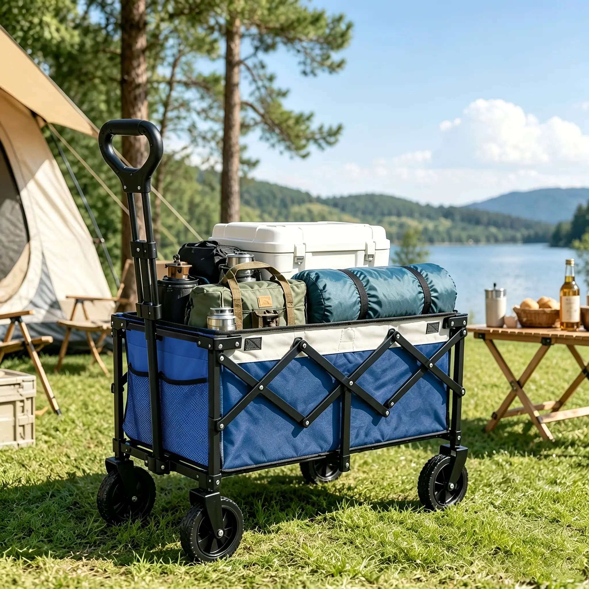 Heavy Duty Foldable Beach Wagon Cart - 340LBS/440LBS Capacity Carbon Steel Frame, All-Terrain Collapsible Utility Wagon with Big Wheels & Reinforced Handle, for Camping, Garden, Sports & Outdoor Hunting Use, Black