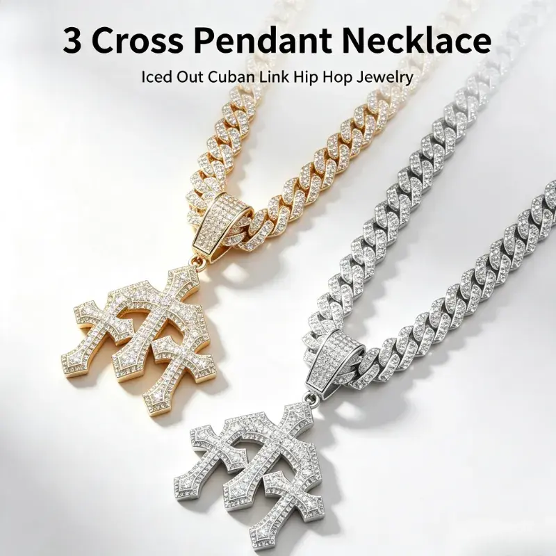 Gothic Cross Motif Necklace for Men, Iced Out 2-Tone Zinc Alloy Pendant with Full Rhinestones, Hip Hop Streetwear Jewelry