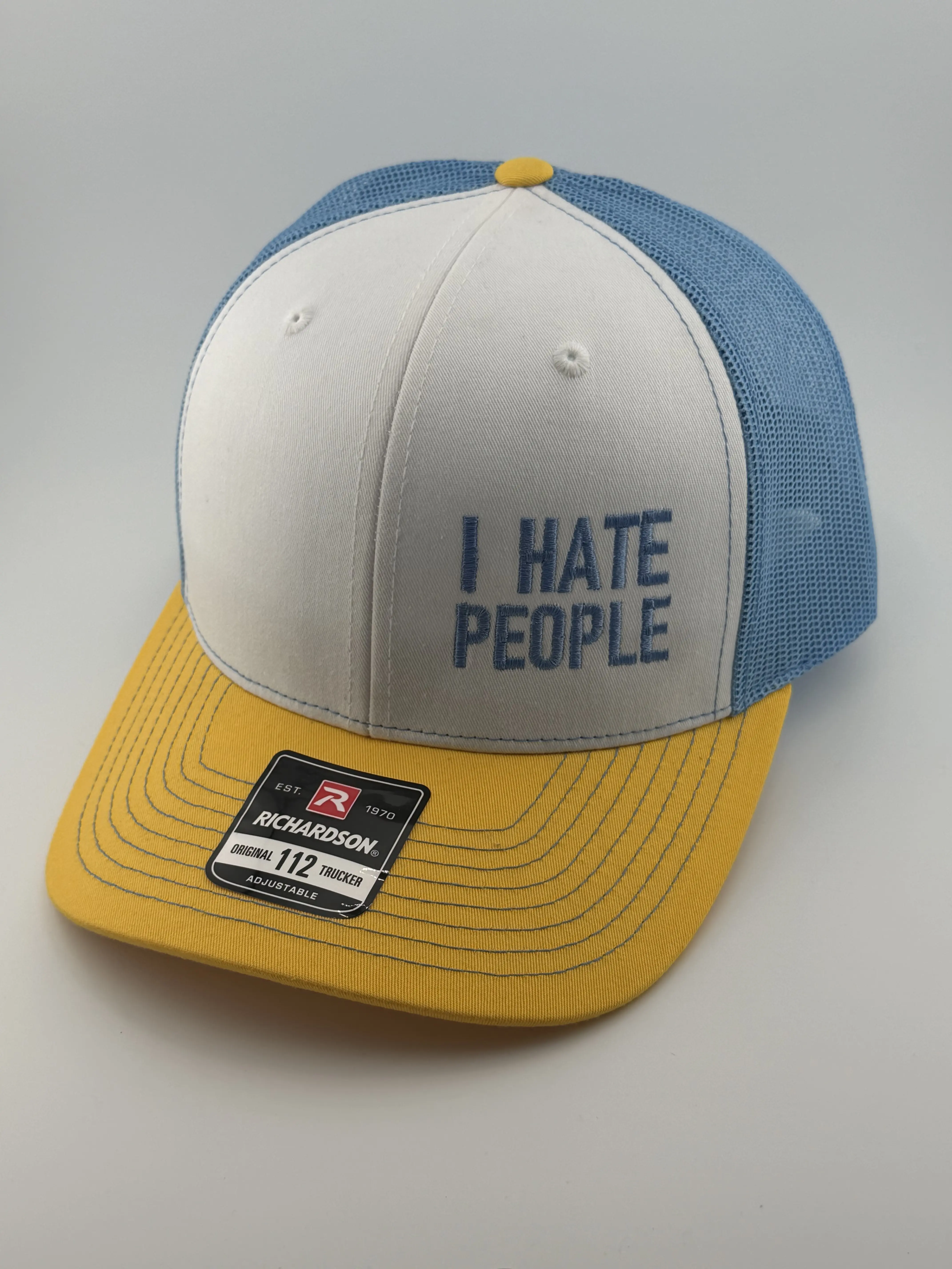 Richardson 112 Funky Unisex "I Hate People" Trucker Baseball Cap - Bold White Text, Clean Embroidery, Humorous Message, Premium Fit, Adjustable Snapback, Breathable Mesh Back, Daily All-Day Comfort, Bold White Text Hats