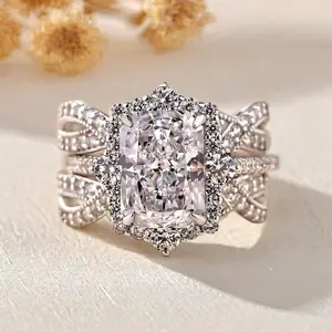 Sparkling Luxury White  Two-Piece Statement Ring for Noble Ladies Banquets and Weddings Silvery High-Quality Elegant Engagement Ring Radiant Cut Ring Solitaire Stackable Rings