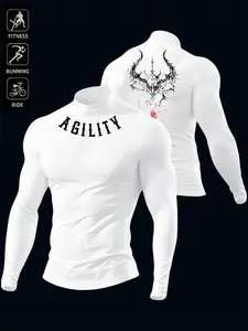 Men's "Agility" Graphic Compression Shirt, Dragon Print Long Sleeve Base Layer, Perfect For Fitness, Running & Cycling, Unisex Athletic "Agility" Dragon Print Tee, Moisture-Wicking Mock Neck Top, Gym Athletic Clothes