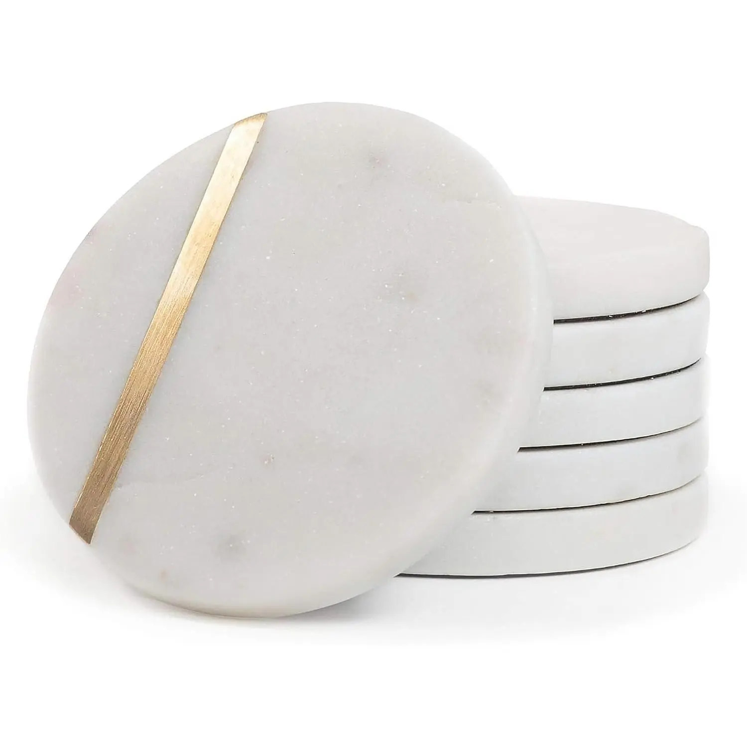 Marble Coasters Set of 6, White Marble with Gold Brass Inlay, Luxury Aesthetic Modern Decor for Coffee Table, Real Natural Semi Absorbent Stone Coasters