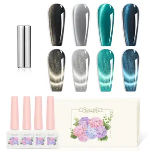Adhere 12mlx4 Magnetic Nail Polish Gel Set with Magnetic Stick, Silver Grey Black Blue Glitter Soak Off Cat Eye Gel Nail Polish Magnetic Varnish