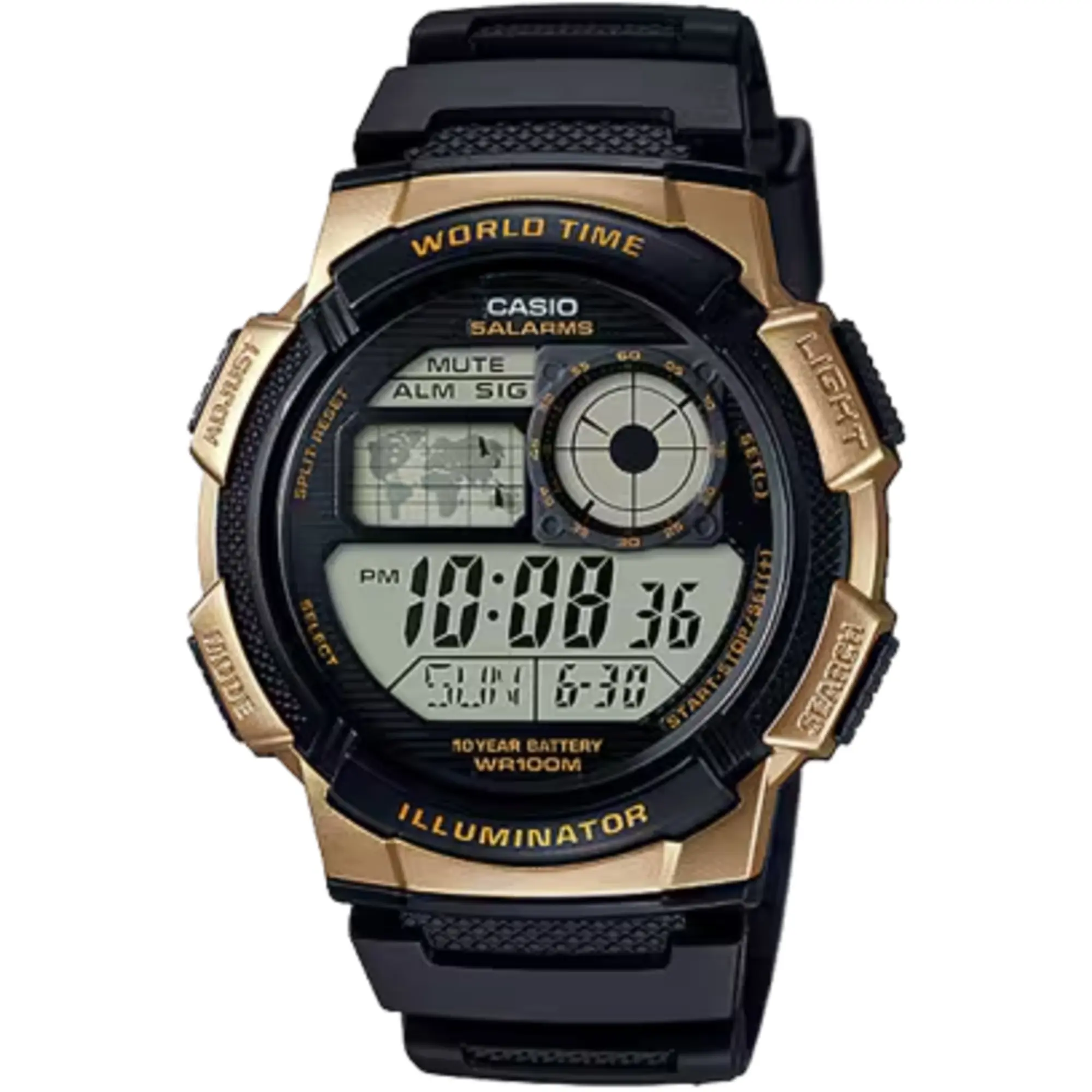 Casio Men’s World Time Digital Resin Watch with Black and Gold Dial - AE-1000W-1A3VCF