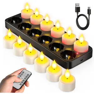 Flameless Candles with Remote Control Timer &  Base, 12 count USB Rechargeable  LED  Lights Candles Small Votive for Lantern Pool Mantle Weddings  Christmas Decorative