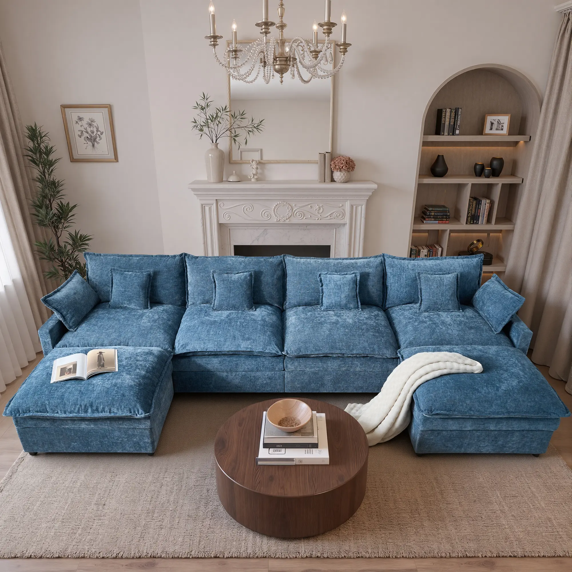 142" Light Blue Chenille U Shaped with 2 Ottoman