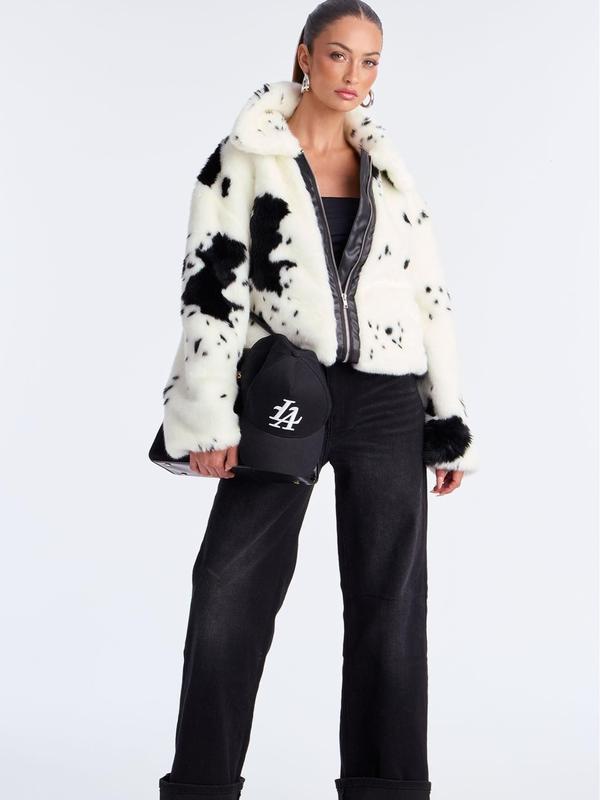 Cause A Frenzy Cow Print Faux Fur Coat – Cream/Combo | trendy everyday vibe
