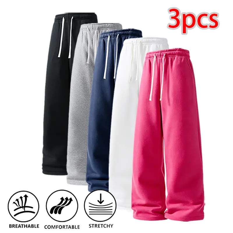 3-Pack Loose Wide-Leg Athletic Sweatpants — Drawstring Elastic Straight-Leg Long Pants for Home & Commuting, Drapey Casual Pants